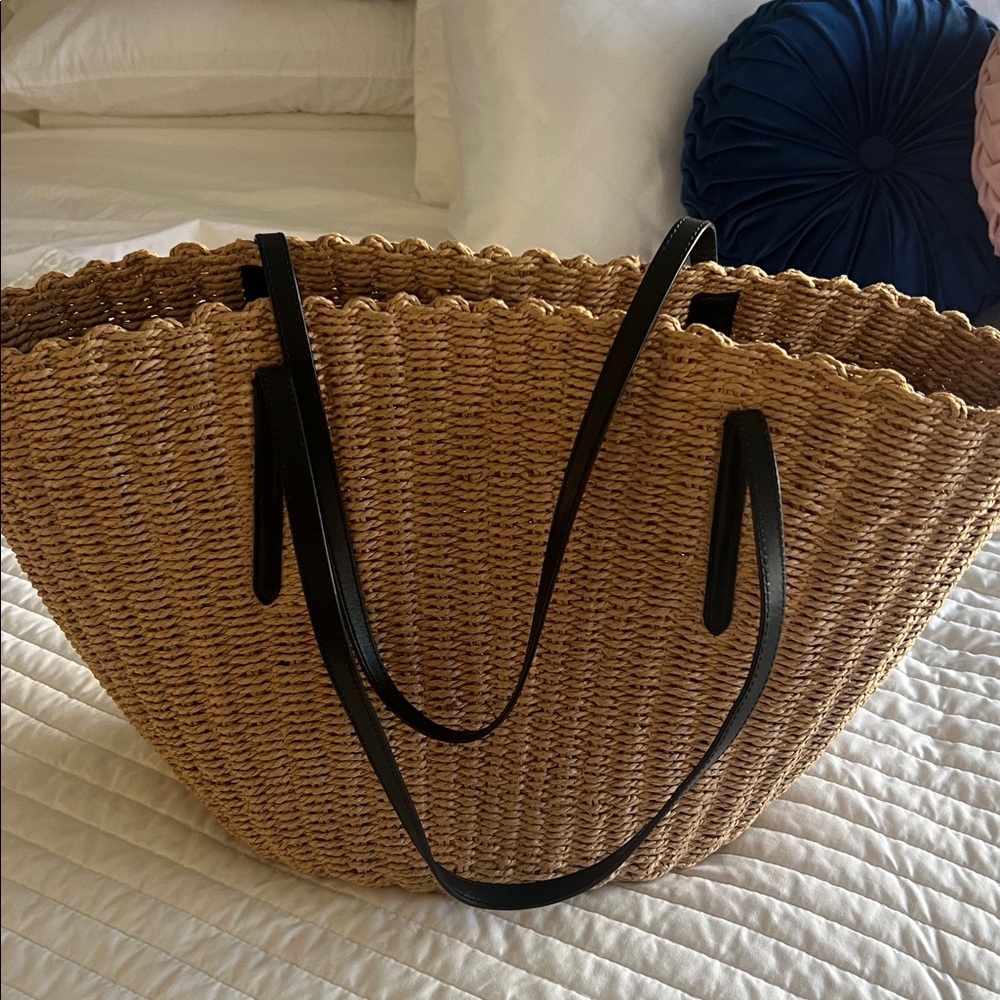 J. Crew Tan Woven Tote Bag with Black Straps